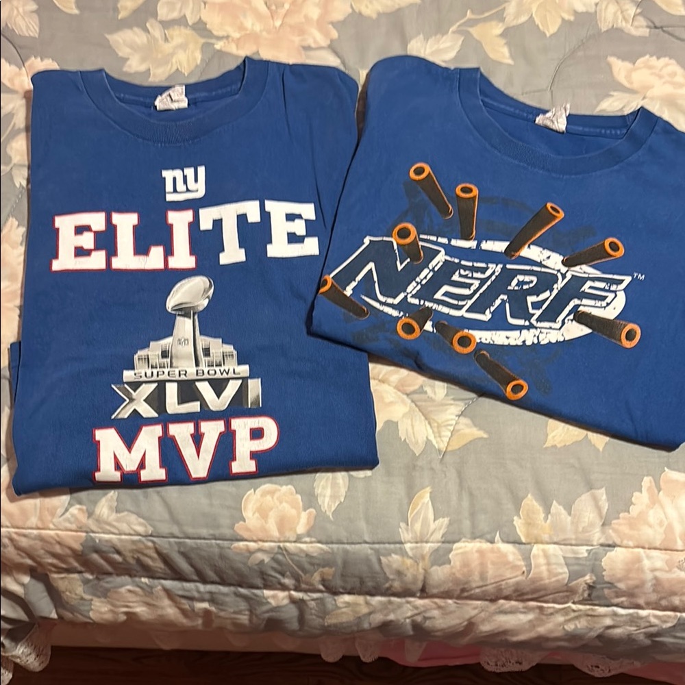 2 Boys Blue Short Sleeve T-Shirts (Large) - Super Bowl and Nerf T-Shirts